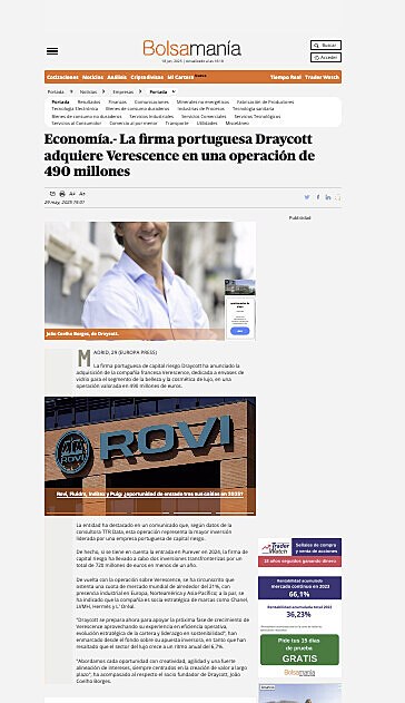La firma portuguesa Draycott adquiere Verescence en una operacin de 490 millones